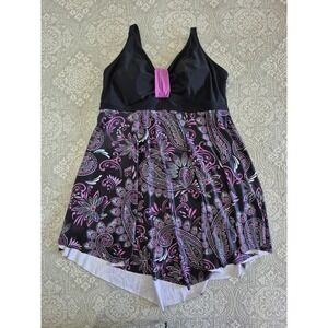 Hanna Nikole Womens Plus Size 24W Swimdress Paisley Floral Black Purple NWT